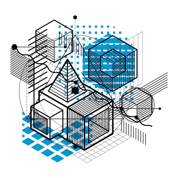 Abstract design with 3d linear mesh shapes and figures, vector isometric background. Cubes, hexagons, squares, rectangles and different abstract elements.