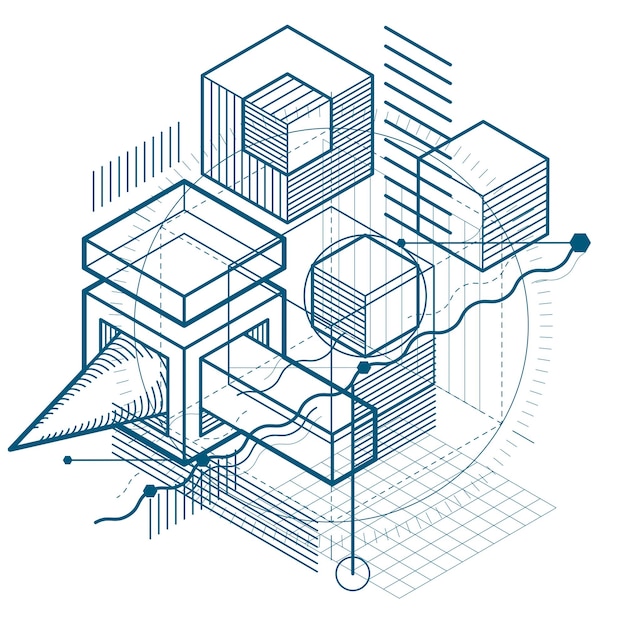 Abstract design with 3d linear mesh shapes and figures, vector isometric background. Cubes, hexagons, squares, rectangles and different abstract elements.