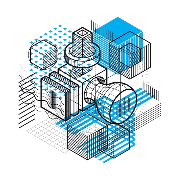 abstract design with 3d linear mesh shapes and figures, vector isometric background. cubes, hexagons, squares, rectangles and different abstract elements.