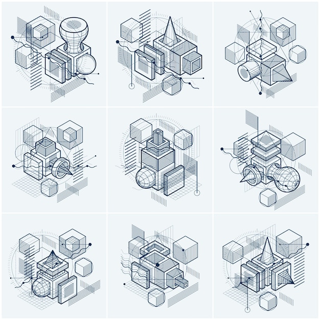 Abstract designs with 3d linear mesh shapes and figures, vector isometric backgrounds. Cubes, hexagons, squares, rectangles and different abstract elements. Vector collection.