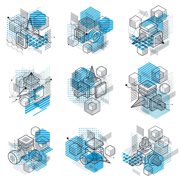 abstract designs with 3d linear mesh shapes and figures, vector isometric backgrounds. cubes, hexagons, squares, rectangles and different abstract elements. vector collection.