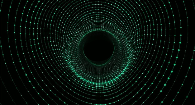 Abstract dynamic wireframe tunnel on green background Deep wave wormhole Futuristic particle flow Vector illustration
