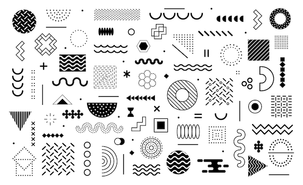 Abstract geometric element Memphis style elements Retro 80s aesthetics composition with halftone dots triangles patterns lines circles geometric figures forms Vector set