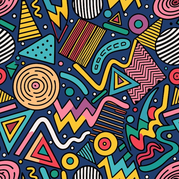 Abstract Geometric Shapes Seamless Pattern with Colorful Lines and Circles on Dark Background