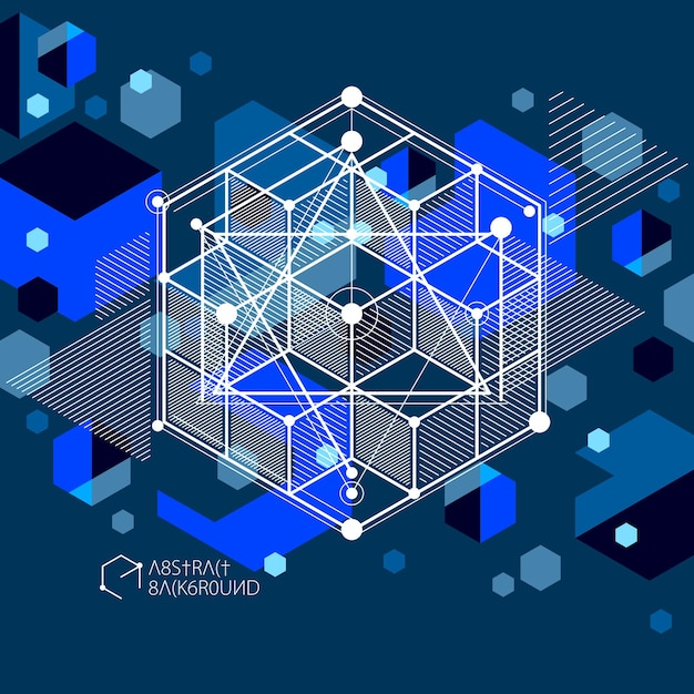 Abstract geometric vector blue background with cubes and other elements. Composition of cubes, hexagons, squares, rectangles and abstract elements. Perfect background for your design projects.