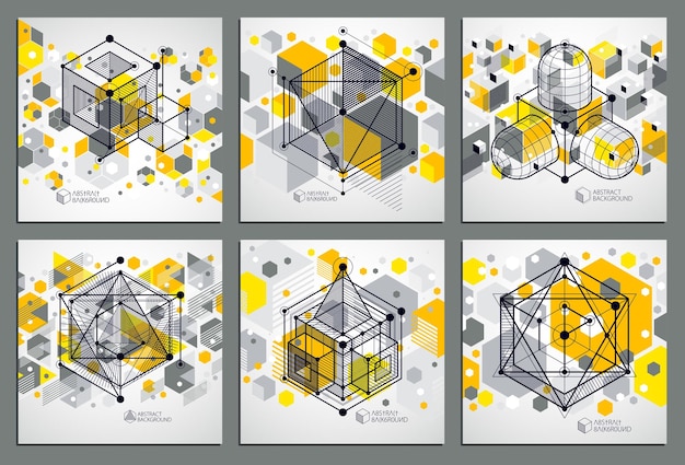 abstract geometric vector yellow backgrounds set with cubes and other elements. composition of cubes, hexagons, squares, rectangles and abstract elements. perfect background for your design projects.