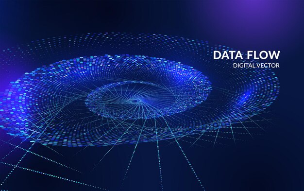 Abstract glowing data flow with dotted lines and binary elements Concept of big data digital visualization and information technology