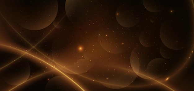 Abstract glowing gold curved lines on dark brown background with lighting effect