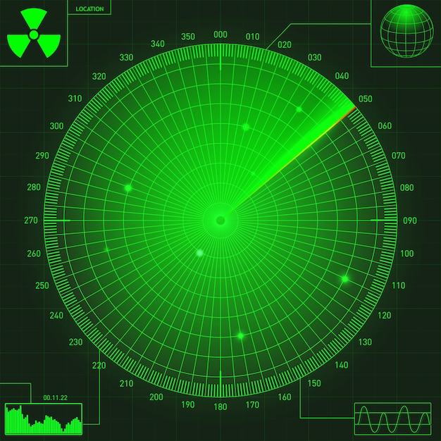 Abstract green radar with targets in action. Military search system.