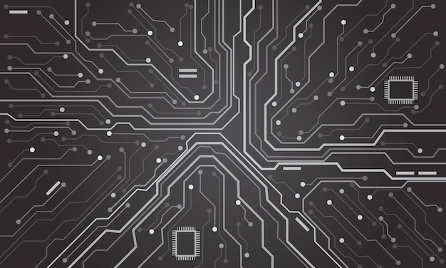 Abstract grey tone circuit board technology connected blue lines with electronics elements computer motherboard chip processor semiconductor digital background vector