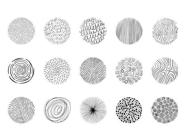 Abstract hand drawn scribble shapes Minimalist circle background with doodle pattern spiral hatching lines and curl curves vector set