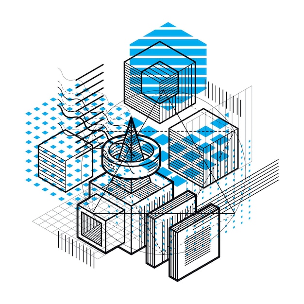 Abstract isometrics background, 3d vector layout. Composition of cubes, hexagons, squares, rectangles and different abstract elements.
