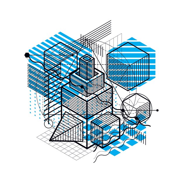 Abstract isometrics background, 3d vector layout. Composition of cubes, hexagons, squares, rectangles and different abstract elements.