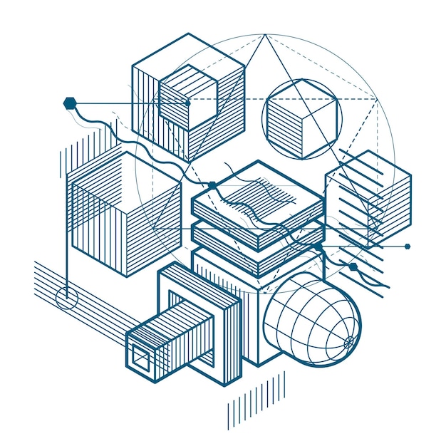 Abstract isometrics background, 3d vector layout. Composition of cubes, hexagons, squares, rectangles and different abstract elements.