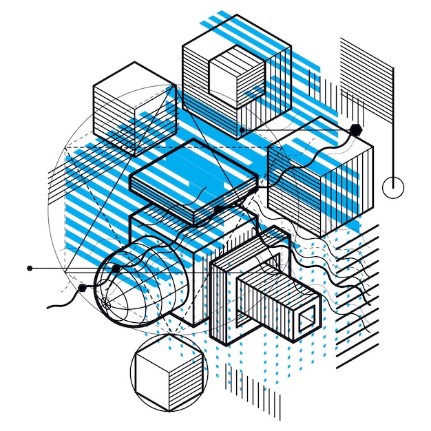 Abstract isometrics background, 3d vector layout. Composition of cubes, hexagons, squares, rectangles and different abstract elements.