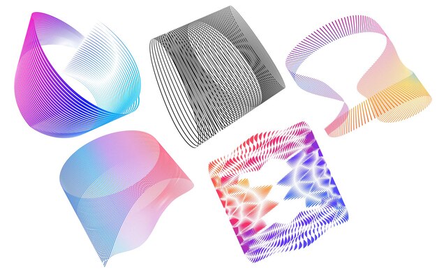 Abstract line art design elements set with gradient and geometric forms Modern 3D twisted shapes for digital design technology visuals futuristic branding and creative background compositions