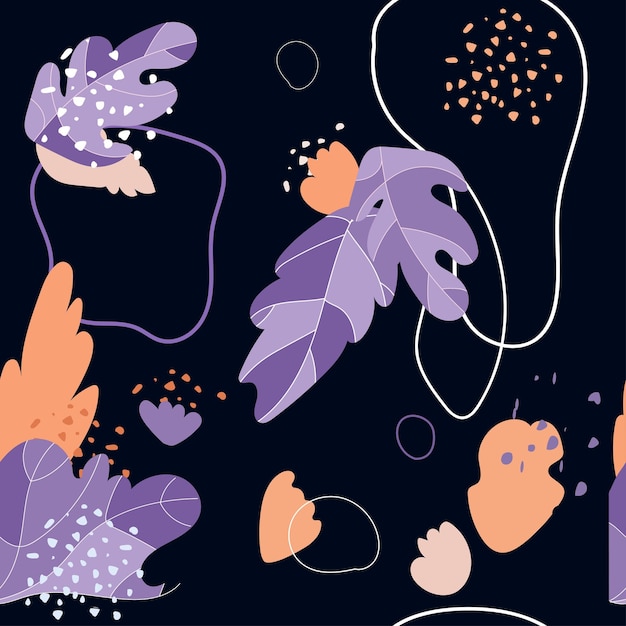 abstract line art seamless pattern with doodle organic shapes with lines spots and leaves