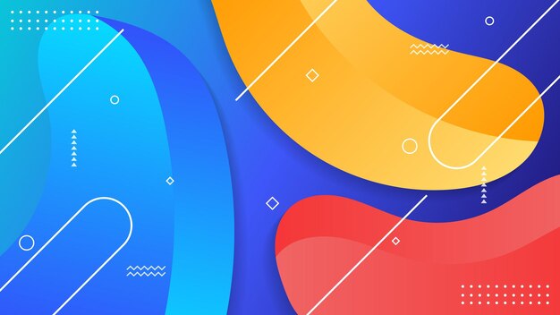 Abstract liquid gradients colors background design with memphis and geometric shape elements