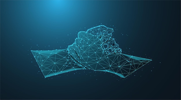 Abstract low poly of business handshake with blue light geometric polygon and triangle style A structure that connects wireframes or points, lines and shapes in a form of cooperation.