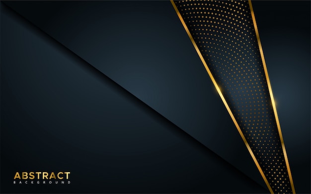 Abstract luxury dark background with golden lines and circular glowing golden dots combinations.