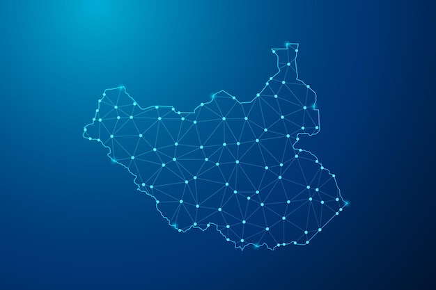 Abstract mash line and point with map of South Sudan polygonal network line vector.