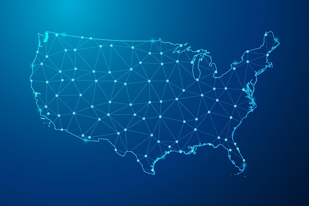Abstract mash line and point with map of United States of America polygonal network line vector.