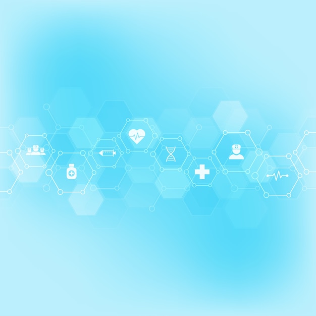 Abstract medical background with flat icons and symbols. Template design with concept and idea for healthcare technology, innovation medicine, health, science and research.