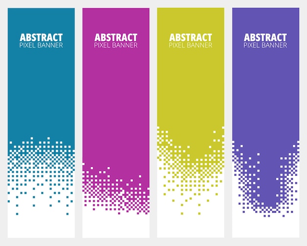Abstract pixel banner Vertical halftone gradient with pixelated dissolve effect digital square mosaic background strips and 8 bit fade transition vector templates set
