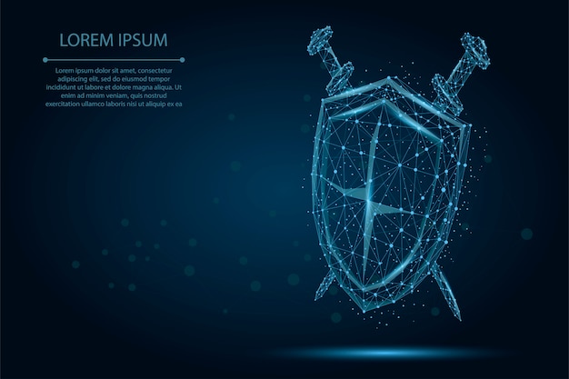 Abstract polygonal low poly Shield and Swords. Protect and secure digital wireframe