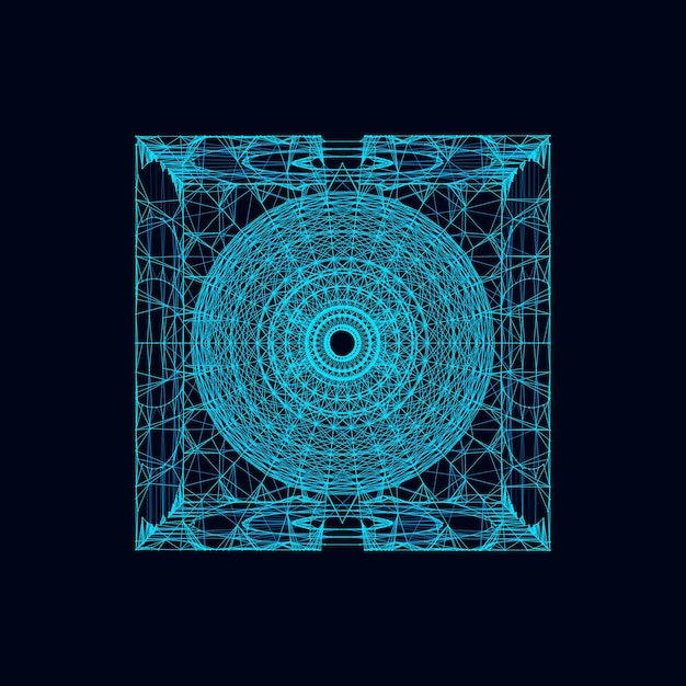Abstract scifi cube with particle and line Vector technology network connection on world Global digital connections ai Wireframe cube Blockchain encryption