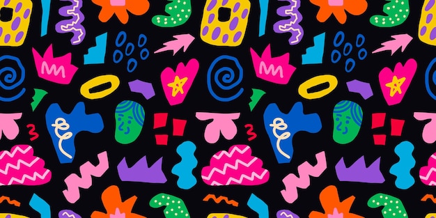 Abstract seamless pattern of colorful hand drawn various shapes curls forms and doodle objects