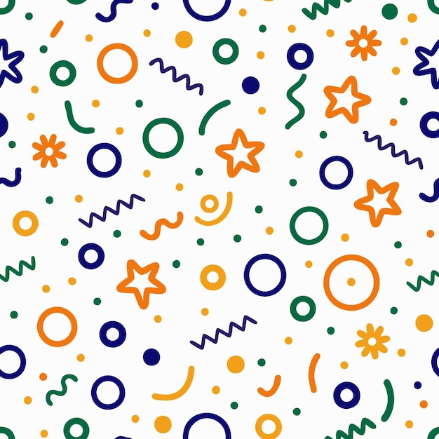 abstract seamless pattern with geometric shapes stars flowers and dots on white background