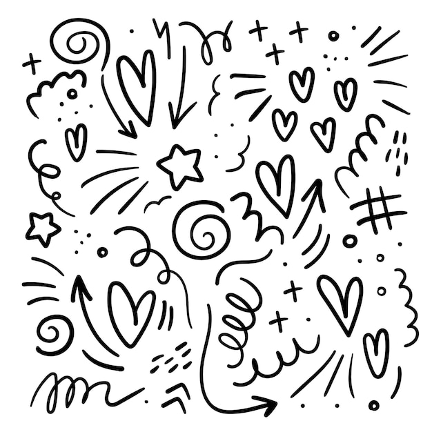 abstract set of elements from squiggles hearts arrows in doodle style hand drawn