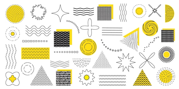 Abstract shape elements Geometric graphic lines Modern Memphis circles and squares Dot patterns and wave figures Minimal modern forms Triangles and stars Vector graphic design set