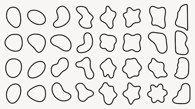 Abstract shapes in black outline featuring organic irregular forms The abstract shapes repeat in a grid emphasizing the irregular organic design Black shape vector set