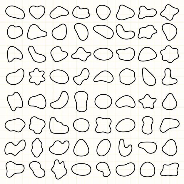 Abstract shapes pattern with black outlines on a grid background Shapes vary in size and form Abstract shapes repeat creating a dynamic pattern Black shape vector set