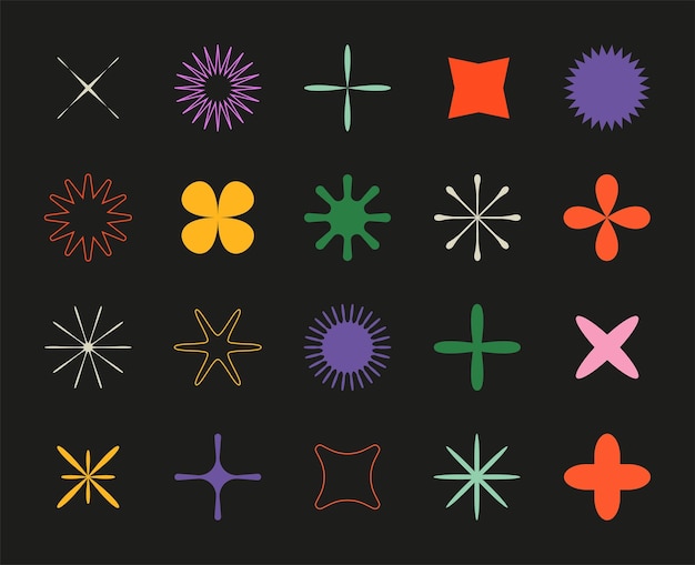 abstract stars geometric polygonal shapes retro minimalistic flowers with petals colorful crosses collection decorative floral silhouette symbols vector contour sign templates set