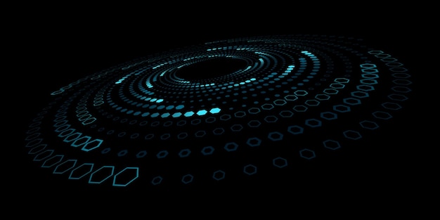 Abstract swirling digital circles of blue hexagons Big Data visualization into cyberspace Rotating 3d honeycombs pattern Futuristic FinTech AI background Vector illustration