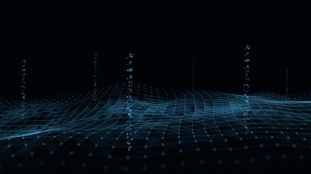 abstract technology wave of particles big data visualization vector dark background with fly dots