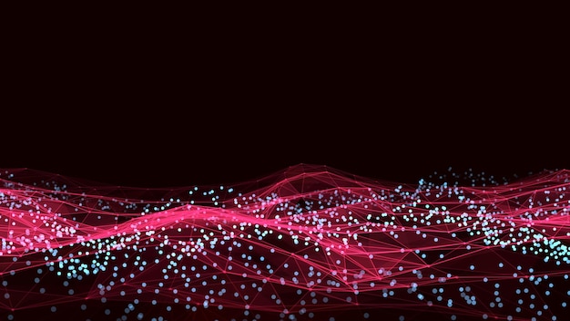 Abstract technology wave of particles Big data visualization Vector dark background with motion dots and lines Artificial intelligence