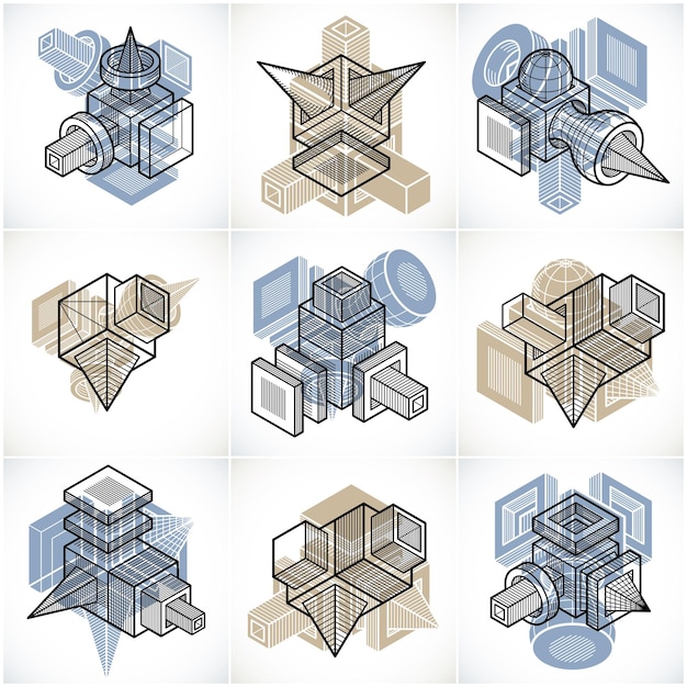 Abstract three-dimensional shapes set, vector designs.