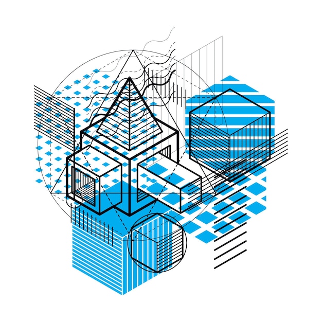 abstract vector background with isometric lines and shapes. cubes, hexagons, squares, rectangles and different abstract elements.