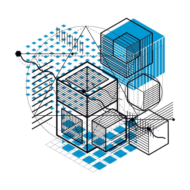 abstract vector background with isometric lines and shapes. cubes, hexagons, squares, rectangles and different abstract elements.