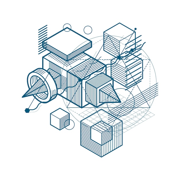 Abstract vector background with isometric lines and shapes. Cubes, hexagons, squares, rectangles and different abstract elements.