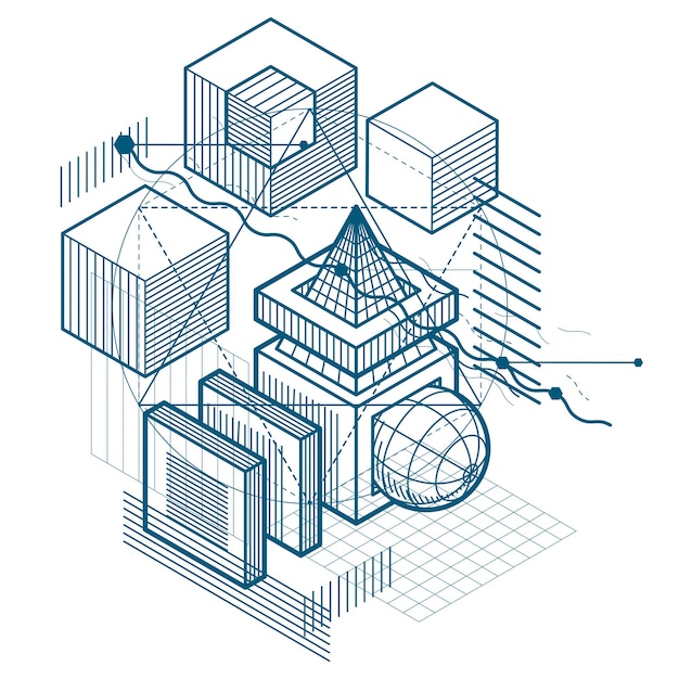 Abstract vector background with isometric lines and shapes. Cubes, hexagons, squares, rectangles and different abstract elements.