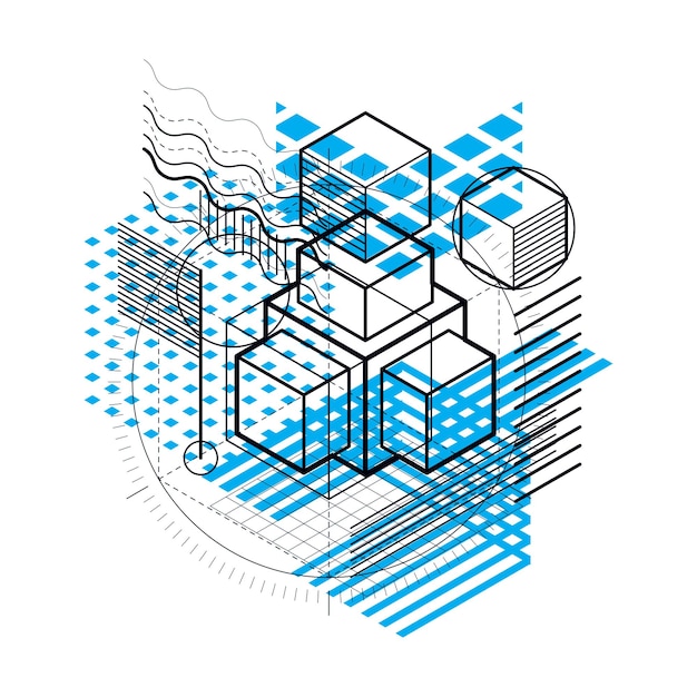 Abstract vector background with isometric lines and shapes. Cubes, hexagons, squares, rectangles and different abstract elements.