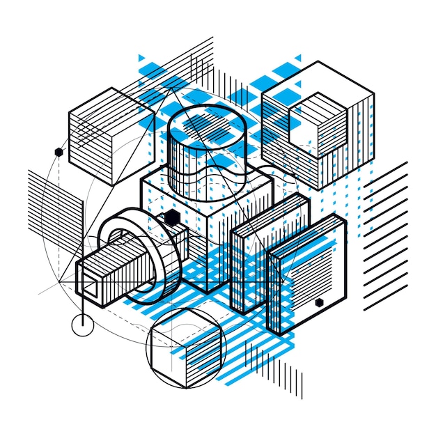 abstract vector background with isometric lines and shapes. cubes, hexagons, squares, rectangles and different abstract elements.
