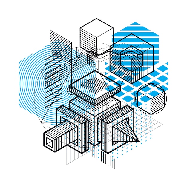 abstract vector background with isometric lines and shapes. cubes, hexagons, squares, rectangles and different abstract elements.