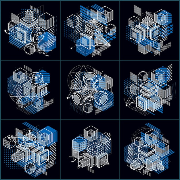 Abstract vector backgrounds with isometric lines and shapes. Cubes, hexagons, squares, rectangles and different abstract elements. Vector collection.