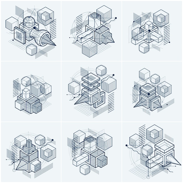 abstract vector backgrounds with isometric lines and shapes. cubes, hexagons, squares, rectangles and different abstract elements. vector collection.